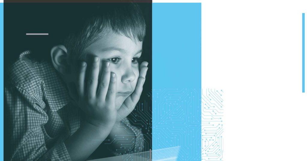 Image of a child in front of a glowing screen, overlaid with a graphic of a circuit. This image is a part of CDT's 2020 Annual Report, in a highlight called "Fighting for Human Rights in the COVID Crisis." Original image © atsurkan / Shutterstock.