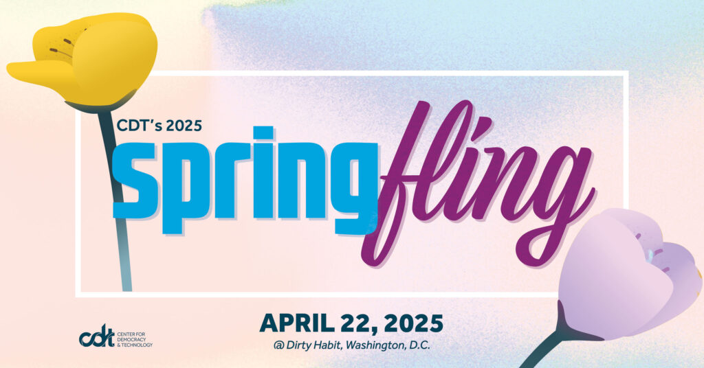 Event graphic for CDT's 2025 Spring Fling, in bright blue and purple block text. Illustration of two tulips, yellow and purple, on top of a watercolor background.