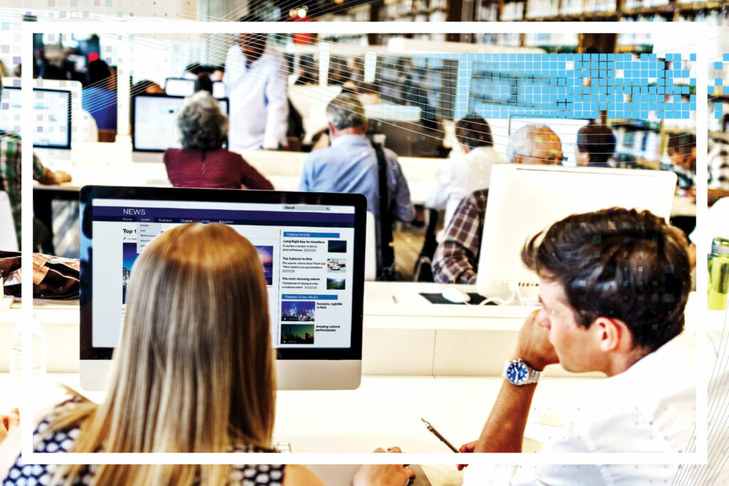 Graphic for feature story in CDT’s 2023 annual report, focused on online speech. A man and a woman seated facing a computer screen, with rows of other people seated at computer screens in the background.