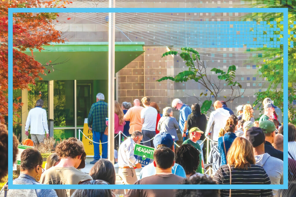 Graphic for feature story in CDT’s 2023 annual report, focused on elections and AI. Photograph of people lined up in front of a building with a yellow sign that says "Early Voting Site".