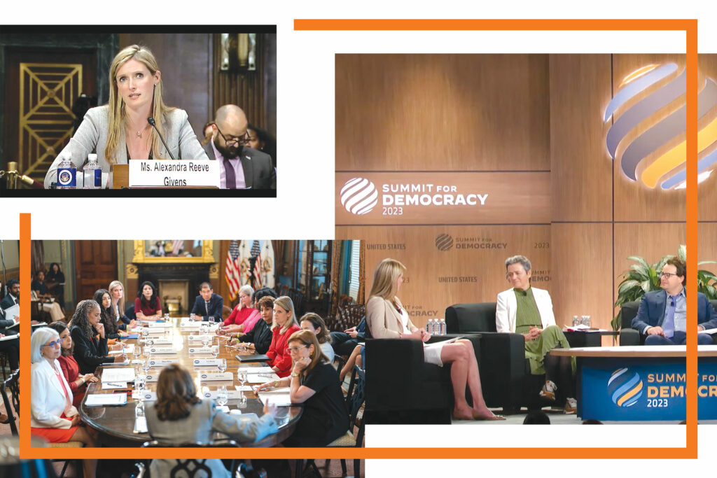 Graphic for feature story in CDT’s 2023 annual report, focused on responsible, rights-respecting AI. CDT CEO Alexandra Givens, from left to right / top to bottom, testifies before the U.S. Senate Committee on the Judiciary; Onstage at the March 2023 Summit for Democracy; and seated joins Vice President Harris’ roundtable on consumer protection, civil rights, and AI.