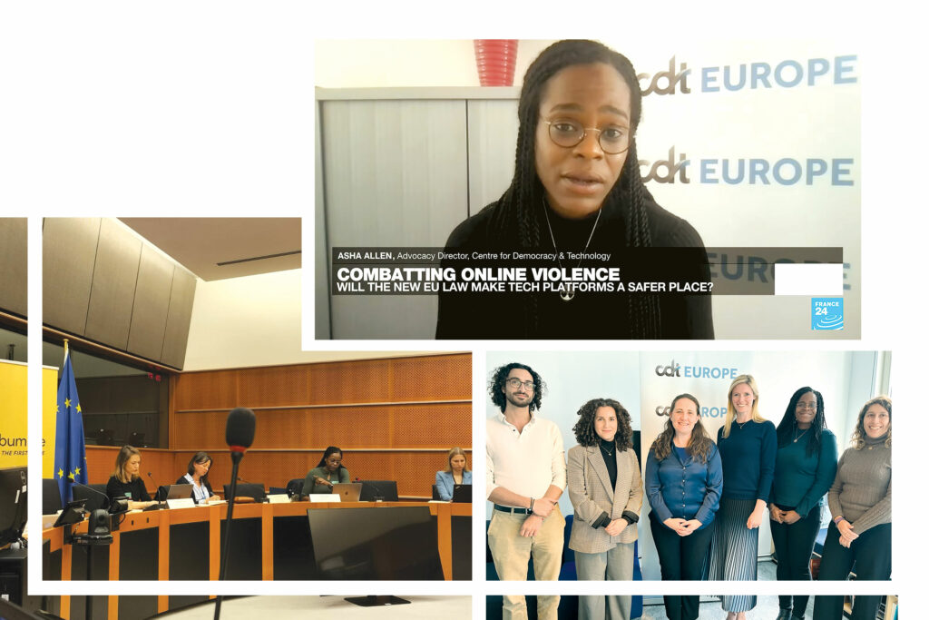 Graphic for feature story in CDT’s 2023 annual report, focused on the growth of CDT Europe. Top to bottom / left to right, CDT Europe’s Asha Allen speaks with France24 about online gender-based violence; CDT Europe’s Asha Allen joins a roundtable discussion on the EU Directive on online gender-based violence; Members of the CDT Europe team gather in our Brussels office.