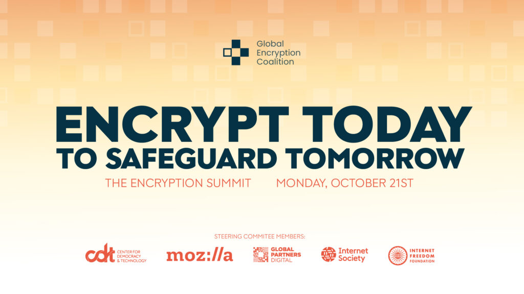 Promotional graphic for "Encrypt Today to Safeguard Tomorrow," featuring logos of encryption summit participants on a gradient background.