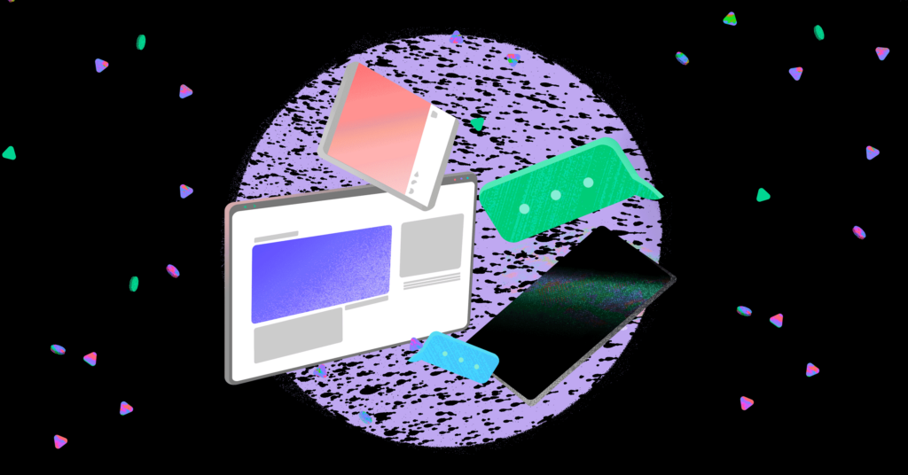 A cell phone, web browser, social media post and text messages all surrounded by multicolor bits of health data.