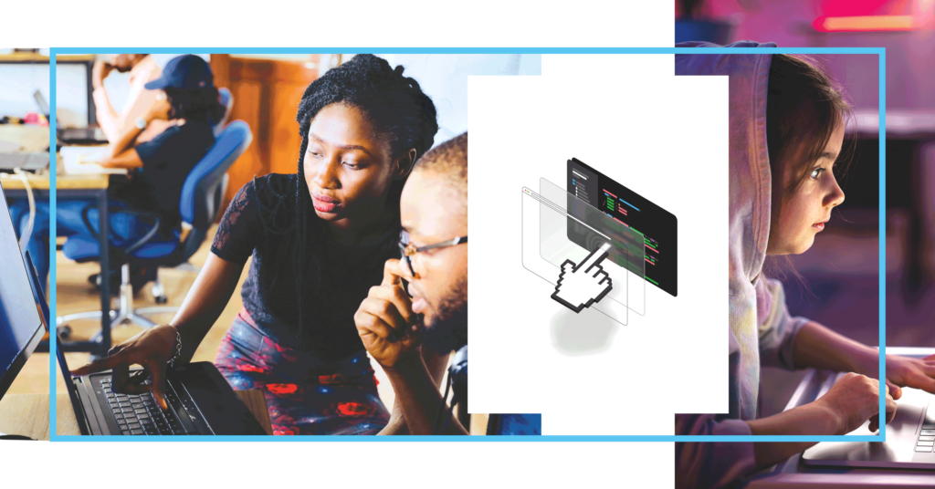 Graphic for feature story in CDT's 2022 annual report, focused on platform governance and users' rights. Left to right: two people looking at a computer; illustration of a computer mouse clicking through an interface and into code; a girl in a hoodie at a computer.