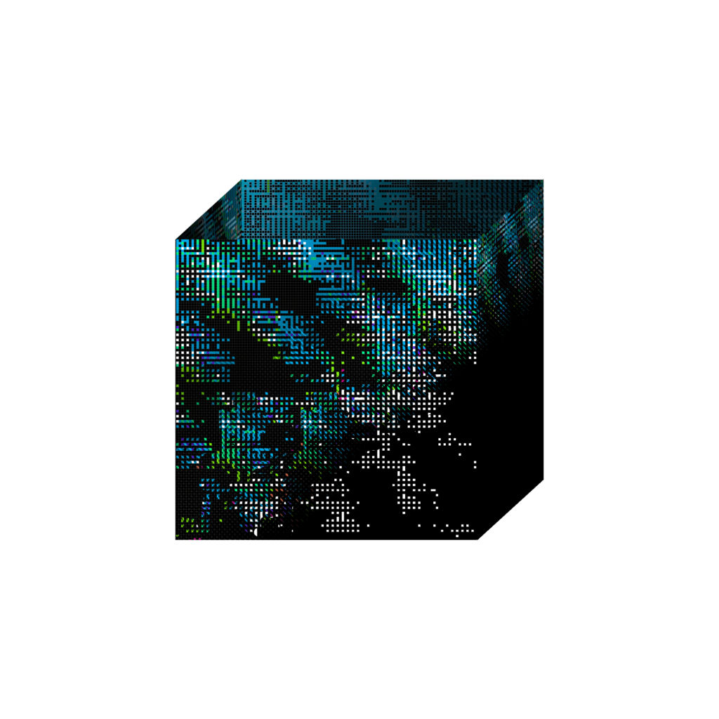 Illustration of a digital black box with blue and green shades illuminating some of it's difficult-to-see underlying processs.