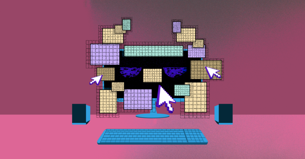 Illustration of a blue desktop computer being inundated with advertising pop-ups and the data collected from them, taking the shape of a scary face.