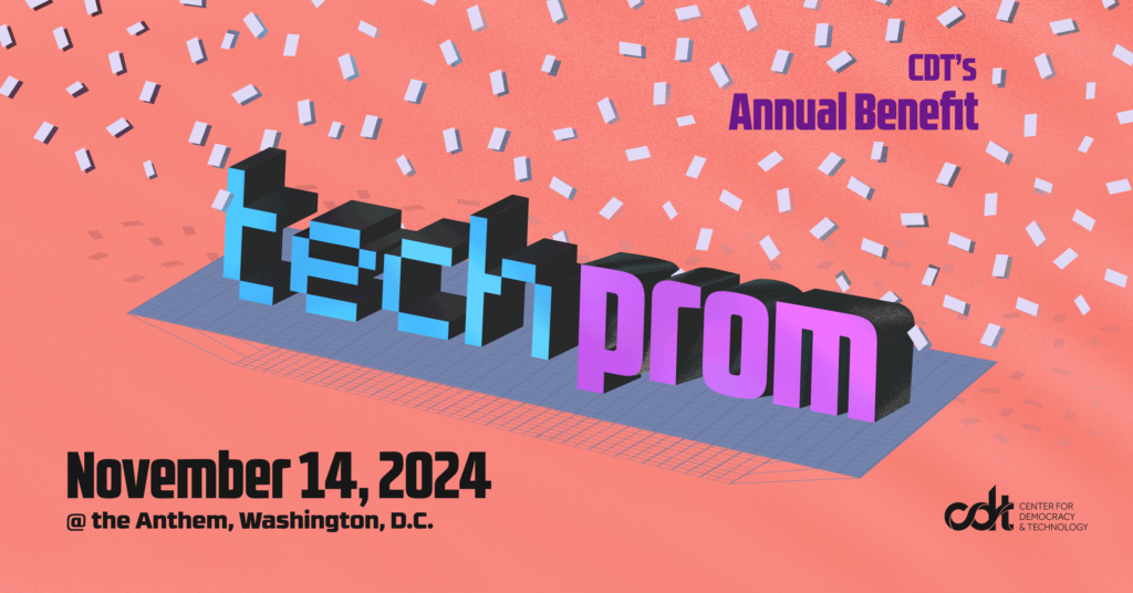 CDT's Tech Prom on November 14, 2024 at The Anthem in Washington, D.C. Big block letters (blue and purple) being showered in confetti.