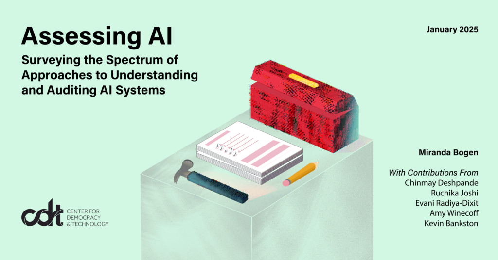 Graphic for CDT AI Gov Lab's report, "Assessing AI: Surveying the Spectrum of Approaches to Understanding and Auditing AI Systems." Illustration of a collection of AI "tools" and "toolbox" – a hammer and red toolbox – and a stack of checklists with a pencil.