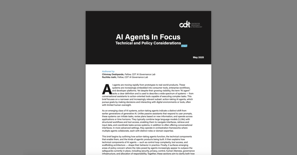 AI Agents In Focus: Technical and Policy Considerations. White and black document on a grey background.