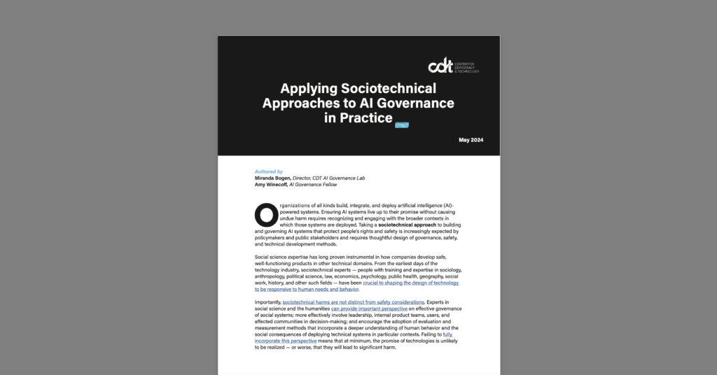 Applying Sociotechnical Approaches to AI Governance in Practice. White document on a grey background.