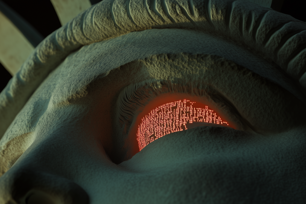 Close-up of a stone sculpture's eye glowing with red digital code-like symbols.