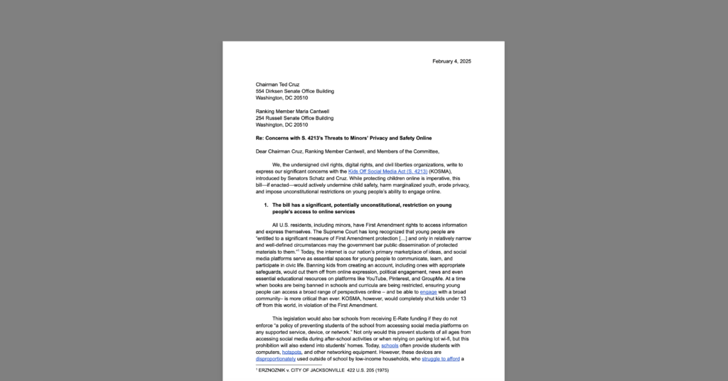 Banning Kids from Social Media Remains a Bad and Unconstitutional Idea. White document on a grey background.