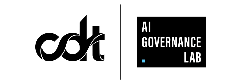 Graphic for CDT AI Governance Lab. Black CDT logo, alongside a black box and white text.