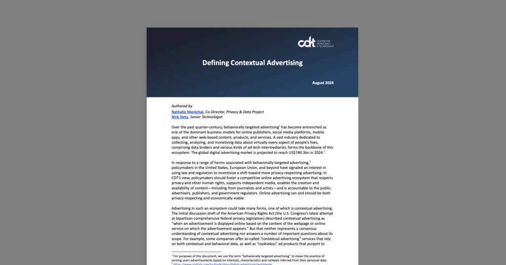 CDT brief, entitled "Defining Contextual Advertising." White document on a grey background.