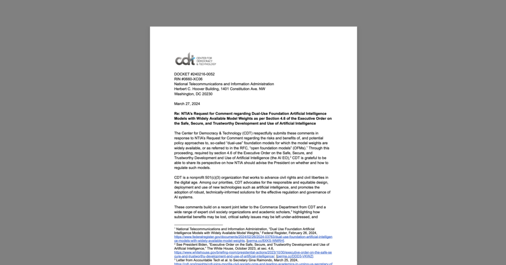 CDT Comments to NTIA on Open Foundation Models. White document on a grey background.