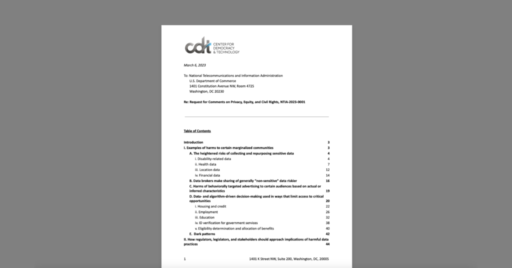 CDT Comments to NTIA on Privacy, Equity, and Civil Rights. White document on a grey background.