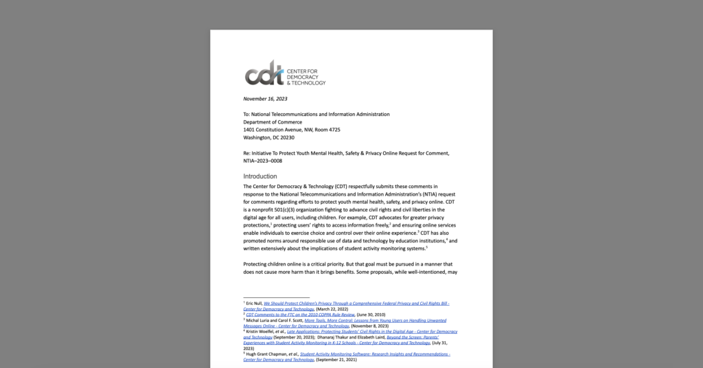 CDT Comments to NTIA Task Force on Kids Online Health and Safety Urge Protection of Rights. White document on a grey background.
