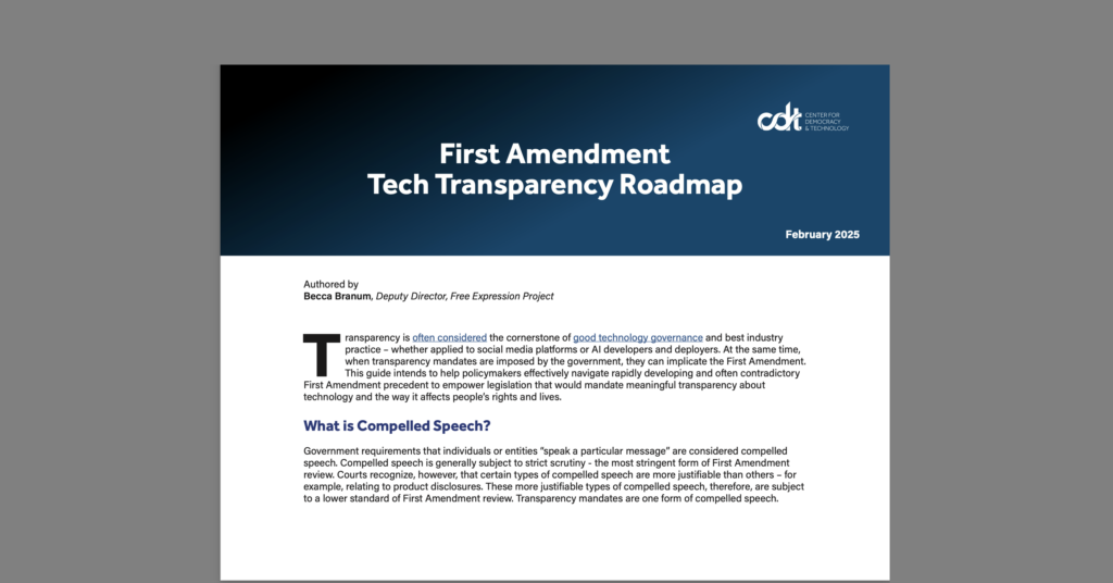 First Amendment Tech Transparency Roadmap. White document on a grey background.
