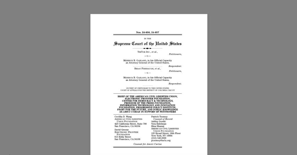 CDT Joins Amicus Brief as the Supreme Court Prepare to Review the Federal TikTok Ban. White document on a grey background.
