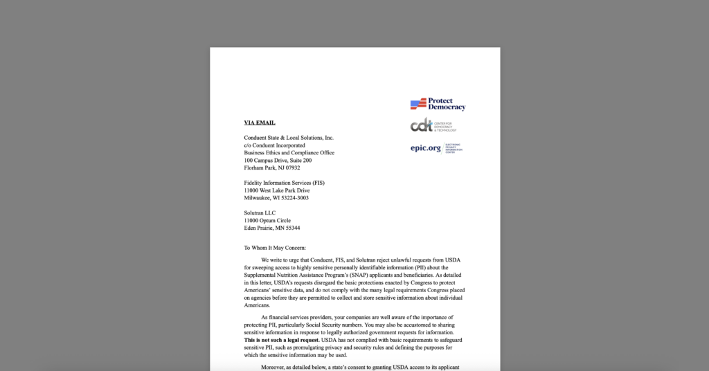 CDT Joins Call for SNAP Payment Processors to Refuse USDA Data Requests. White document on a grey background.