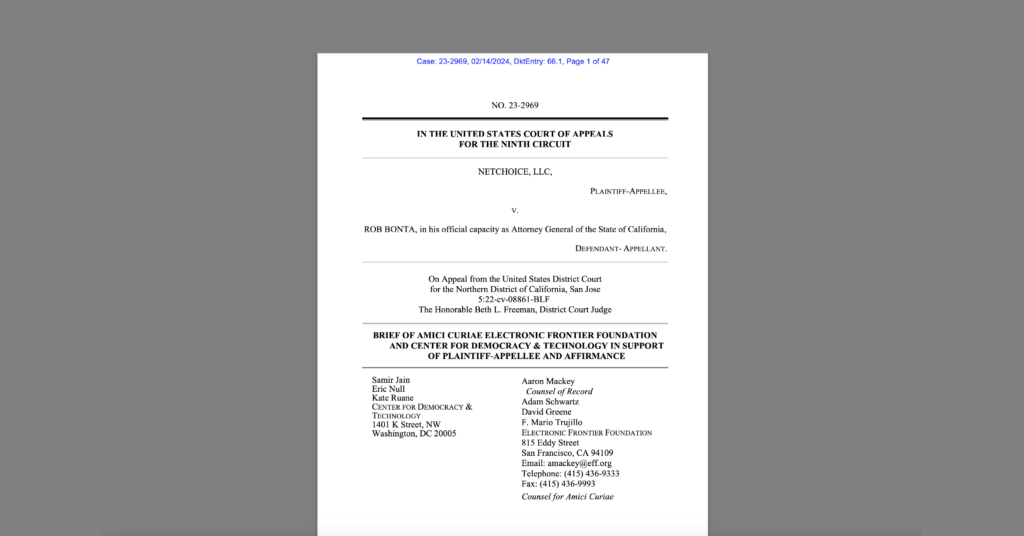 CDT Joins EFF in NetChoice v Bonta Amicus Brief. White document on a grey background.
