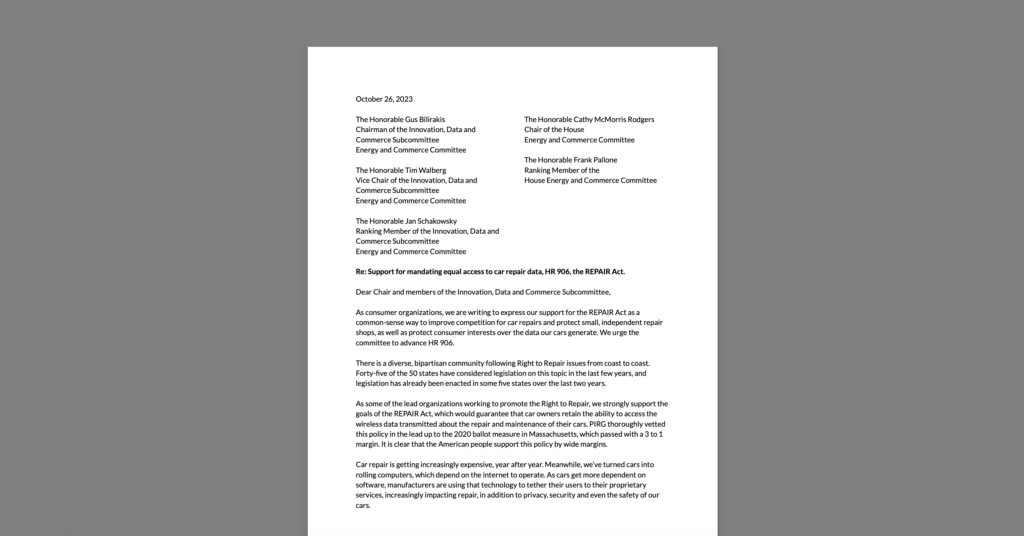 CDT Joins Letter in Support of Access to Vehicle-Generated Data for Repairs. White document on a grey background.