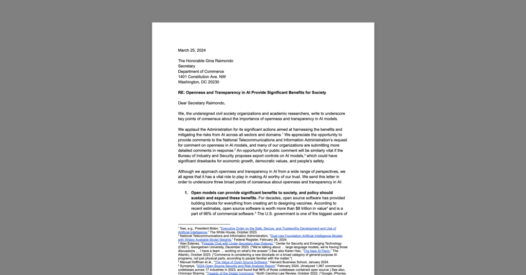 CDT Joins Mozilla, Civil Society Orgs, and Leading Academics in Urging U.S. Secretary of Commerce to Protect AI Openness. White document on grey background.