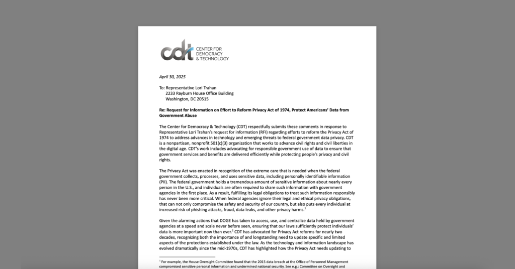 CDT Submits Comments to Representative Lori Trahan on Updating the Privacy Act of 1974. White document on a grey background.