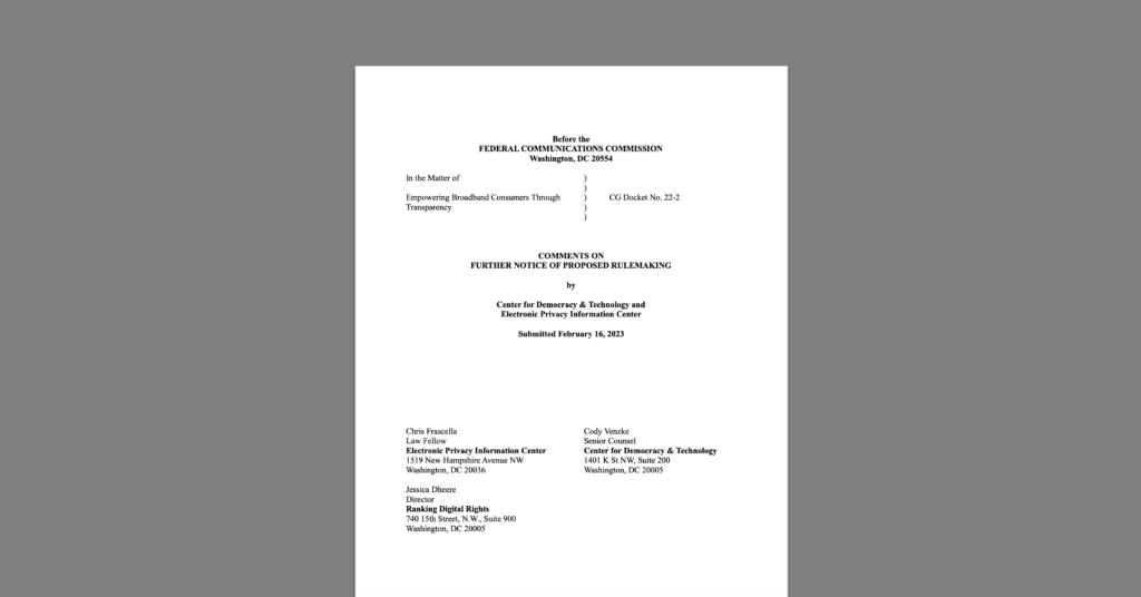 CDT Urges FCC to Provide Consumers with Easy-to-Understand Privacy Labels. White document on a grey background.