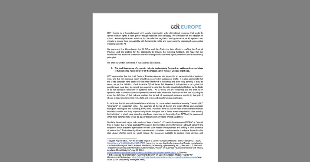 CDT’s First Contribution to the Code of Practice Process on GPAI models. White document on a grey background.