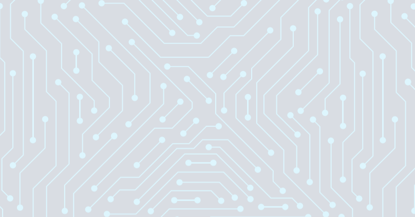 Light blue circuit board, with small nodes and wires running in all directions.