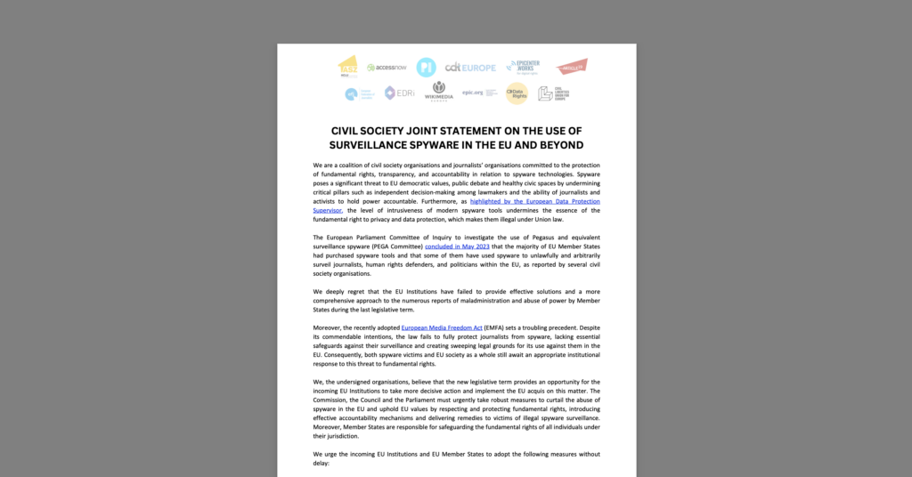 Civil Society Joint Statement on the Use of Surveillance Spyware in the EU and Beyond. White document on a grey background.