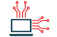 Laptop with red circuit lines emerging from the screen.