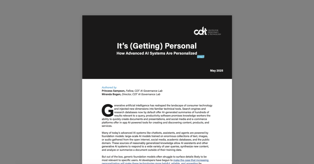 It’s (Getting) Personal: How Advanced AI Systems Are Personalized. White and black document on a grey background.