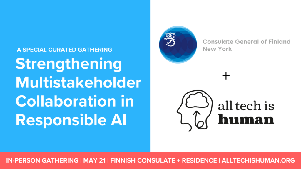 Event graphic, for a gathering hosted by the Consulate General of Finland New York and all tech is human.