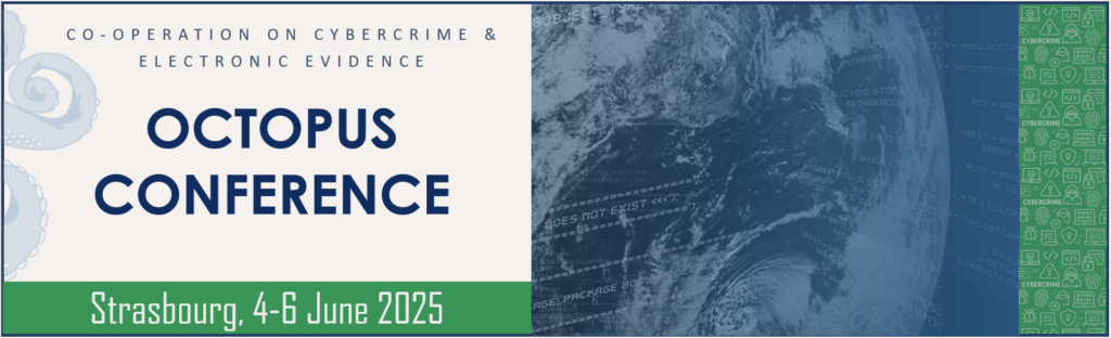 "Banner for the Octopus Conference on cybercrime in Strasbourg, June 2025, with octopus tentacles and Earth imagery"