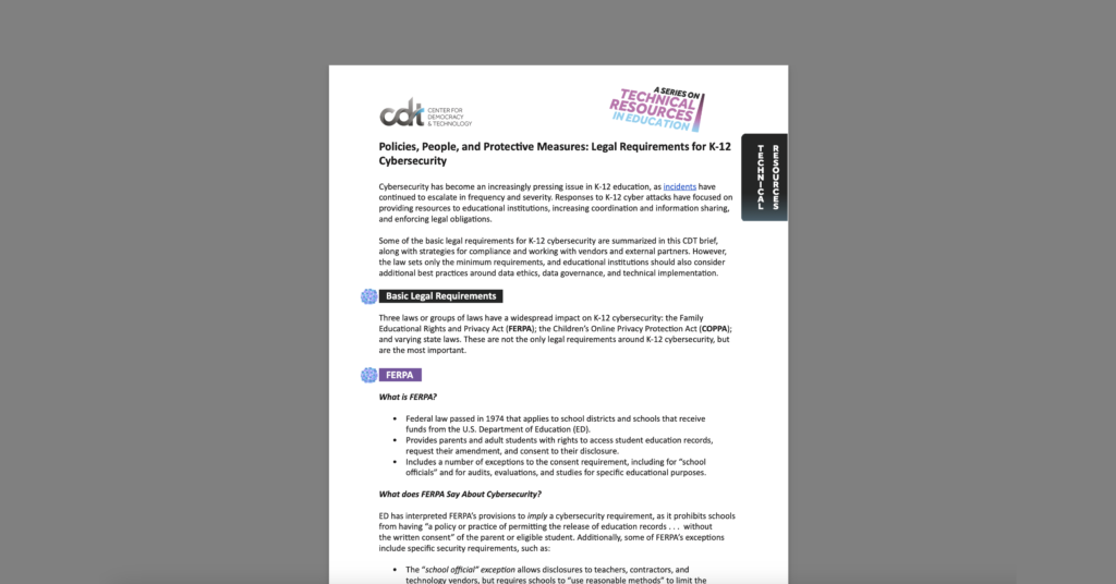 CDT brief, entitled "Policies, People, and Protective Measures: Legal Requirements for K-12 Cybersecurity." White document on a grey background.