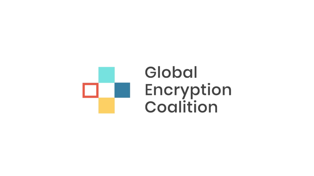 Logo of the Global Encryption Coalition (GEC). Black text on a white background, with multi-colored squares (dark orange, dark yellow, dark blue, and light blue / green) forming a + symbol.