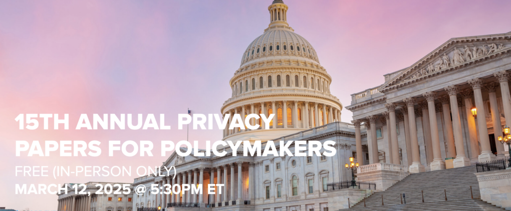 The United States Capitol building at twilight with event details in white text.