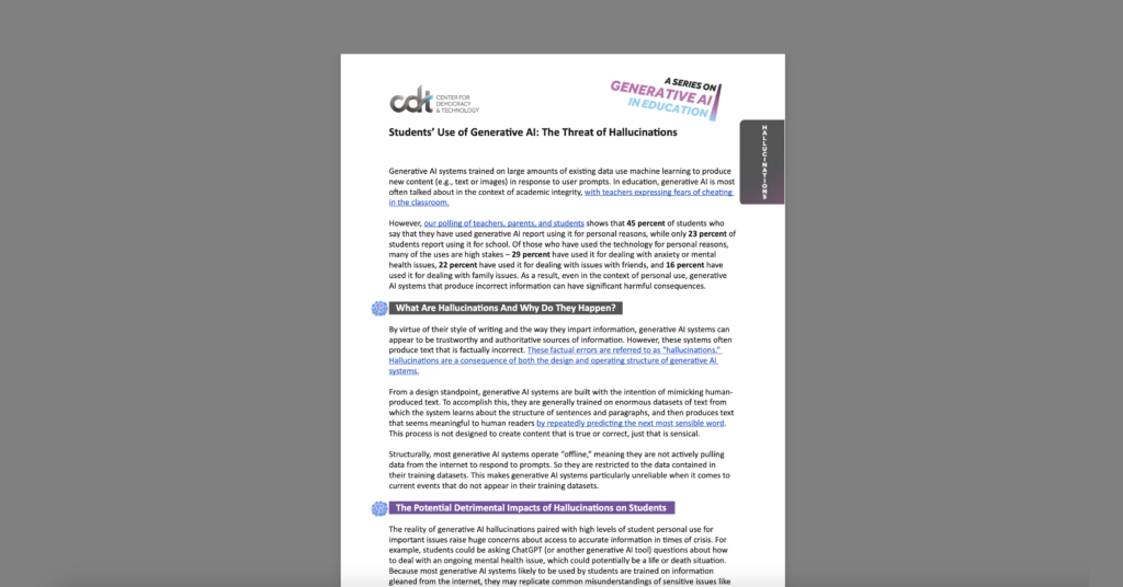 Students’ Use of Generative AI: The Threat of Hallucinations. White document on a grey background.
