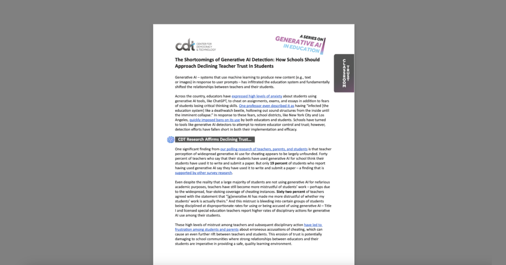 The Shortcomings of Generative AI Detection: How Schools Should Approach Declining Teacher Trust In Students. White document on a grey background.