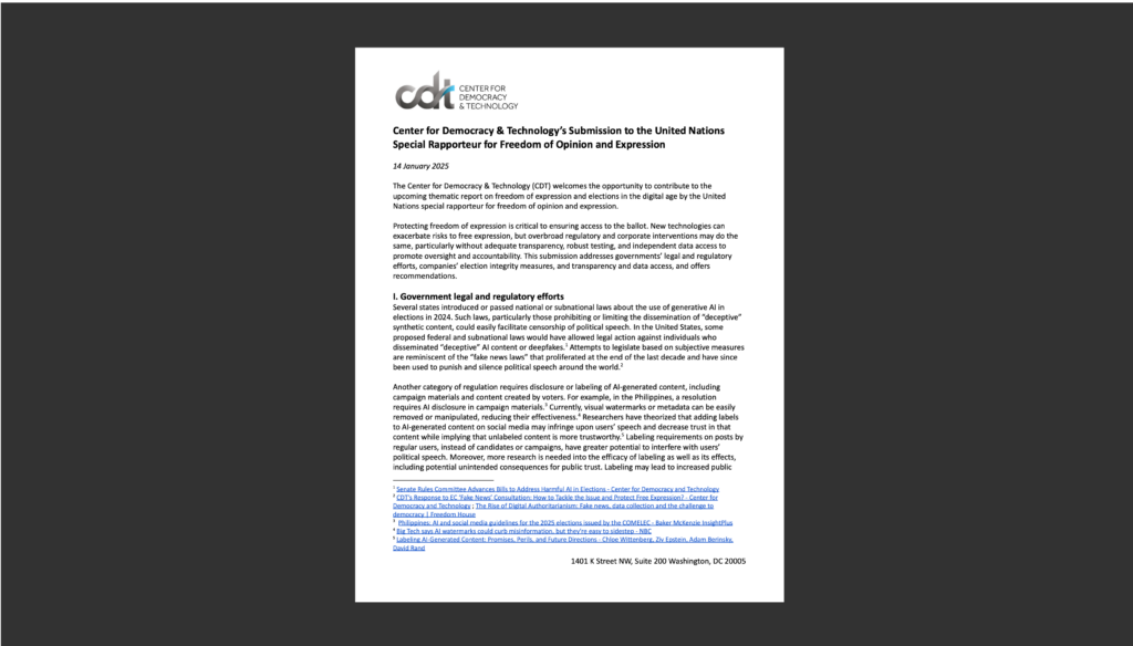 Center for Democracy & Technology’s Submission to the United Nations Special Rapporteur for Freedom of Opinion and Expression