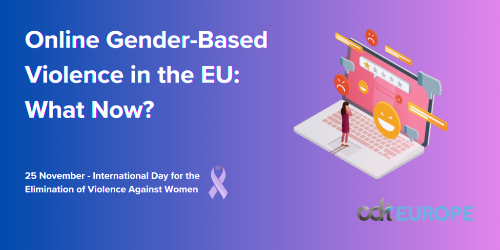 Graphic with purple background and white text reading, "Online Gender-Based Violence in the EU: What Now?" Graphic also depicts woman standing in front of a laptop emitting emojis.